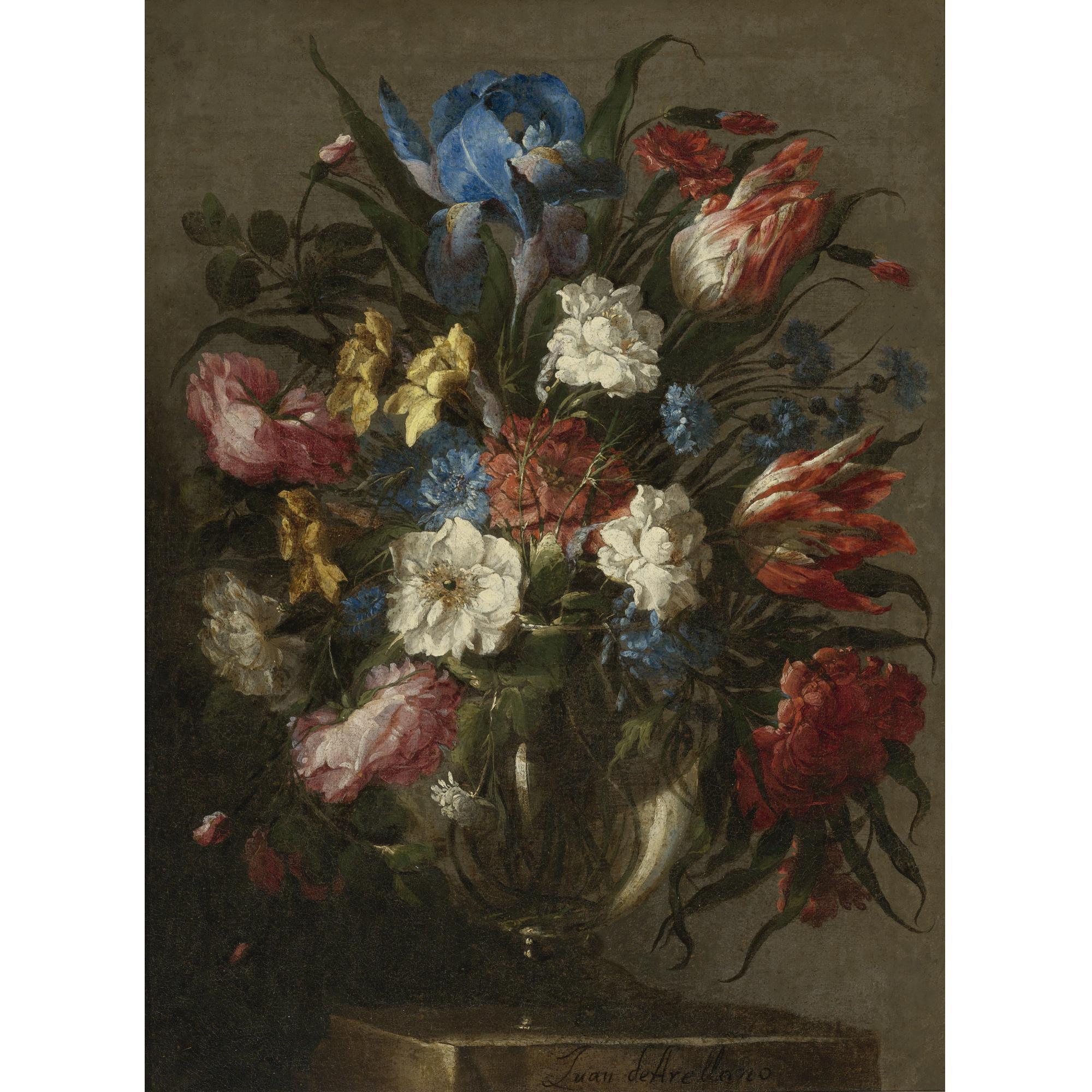 Juan De Arellano - Still Life Of Tulips, Roses, Peonies, Iris And Other Flowers In A Glass Vase, Resting On A Table