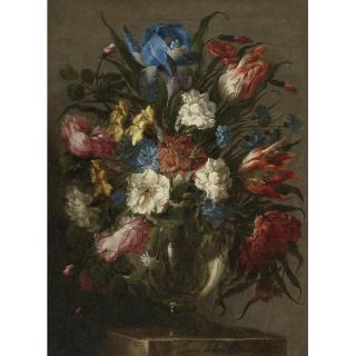 Juan De Arellano - Still Life Of Tulips, Roses, Peonies, Iris And Other Flowers In A Glass Vase, Resting On A Table
