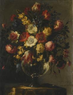 Juan De Arellano - Still Life With A Large Array Of Flowers In A Glass Vase On A Stone Pedestal