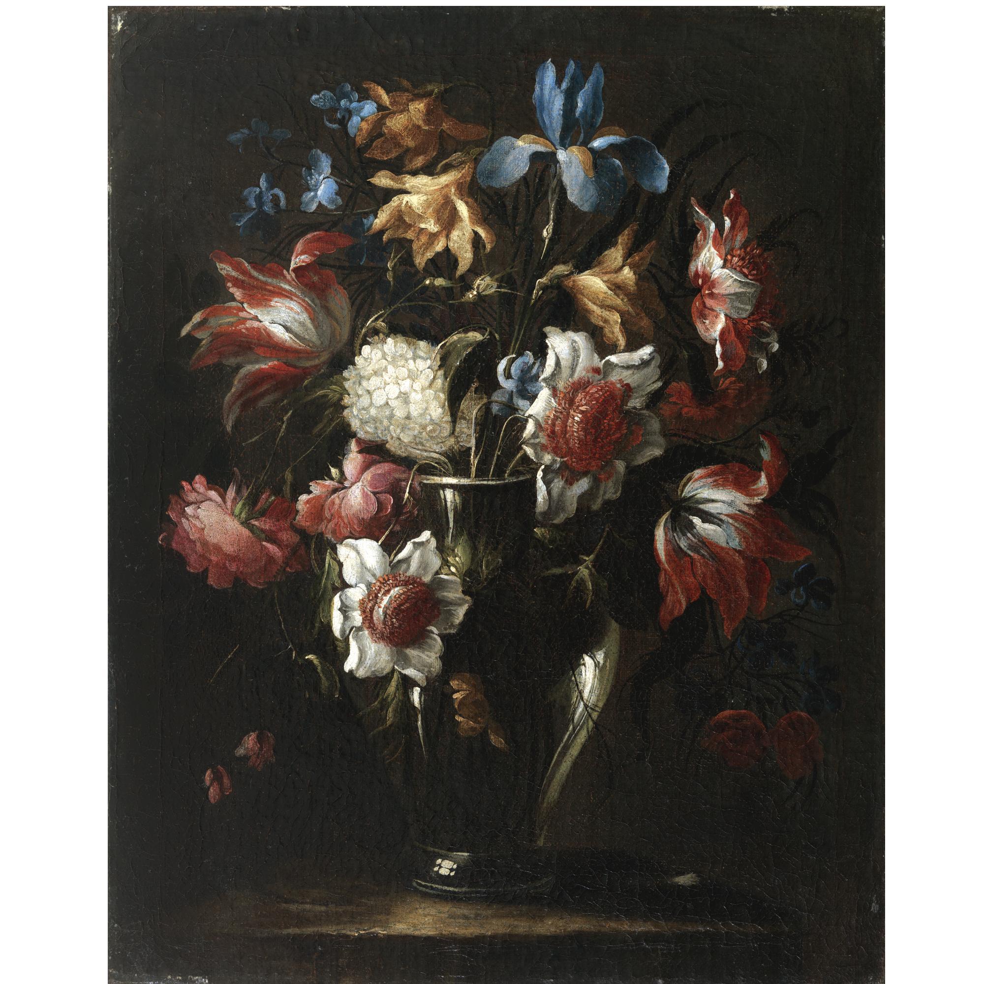 Juan de Arellano - Still Life With Flowers In A Glass Vase, Including Blue Irises And Parrot Tulips, Arranged On A Stone Ledge