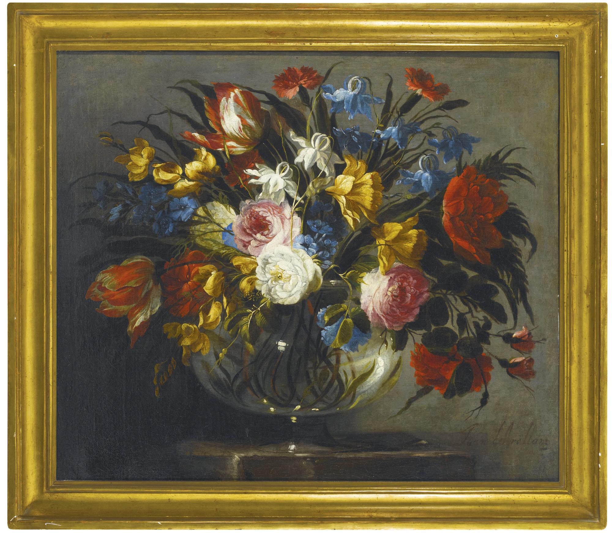 Juan De Arellano - Still Life With White Zinnia, Lavender, Pink And Red Peonies, Gladiolus, Tulips And Rosebuds In A Glass Vase;  Still Life With Roses, Tiger Tulips, White And Blue Aquilegia, Peonies, And Delphiniums In A Glass Vase