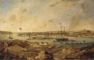 Juan Font y Vidal - Le Duque de Montpensier coming ashore from a Spanish ship lying in Port Mahon, Minorca, during his visit to the Island in April, 1852