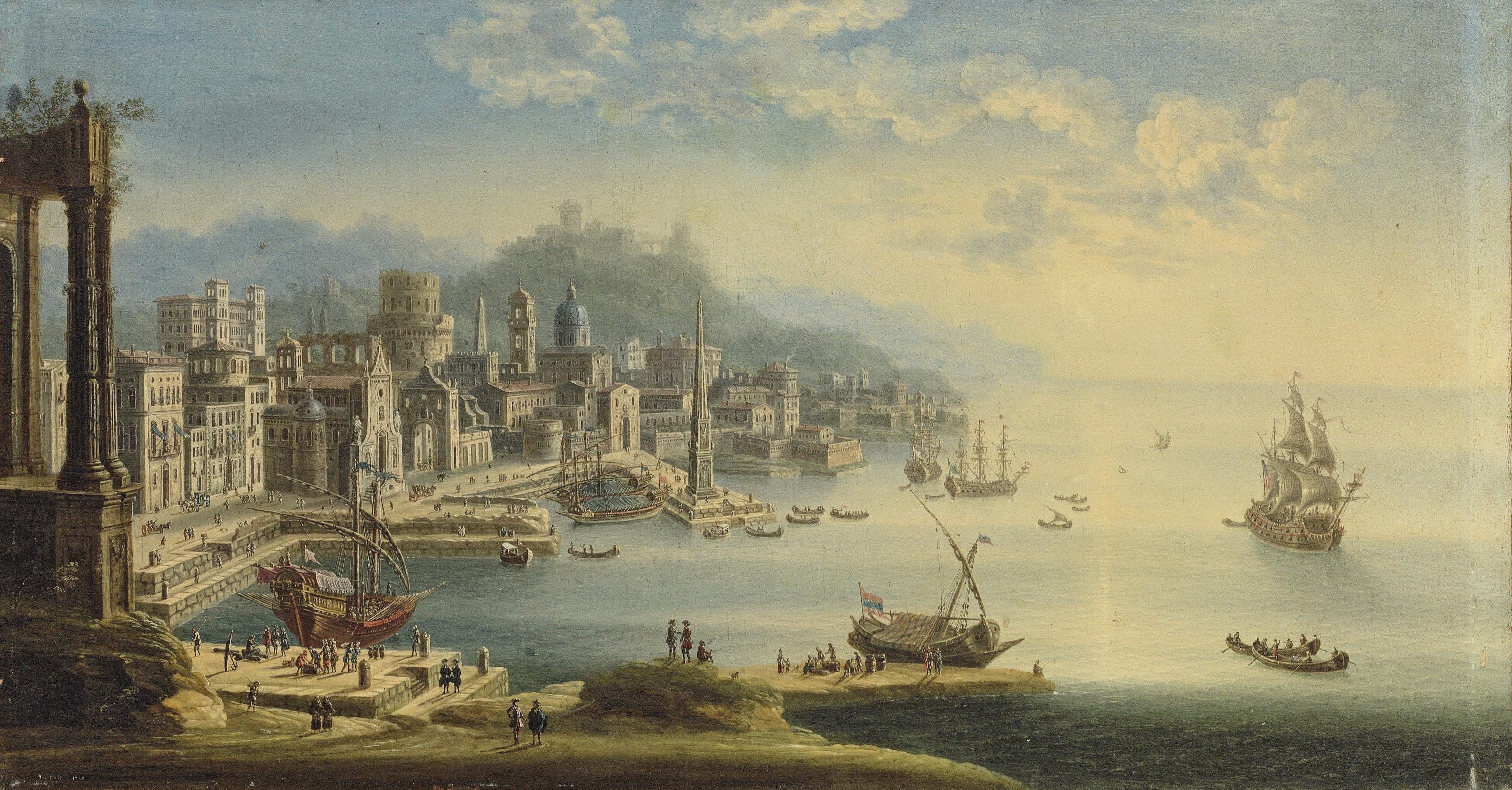 Juan Ruiz - A capriccio of a classical port with men-of-war heading out to sea