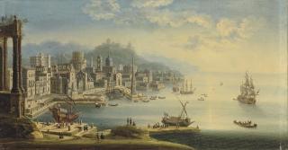 Juan Ruiz - A capriccio of a classical port with men-of-war heading out to sea