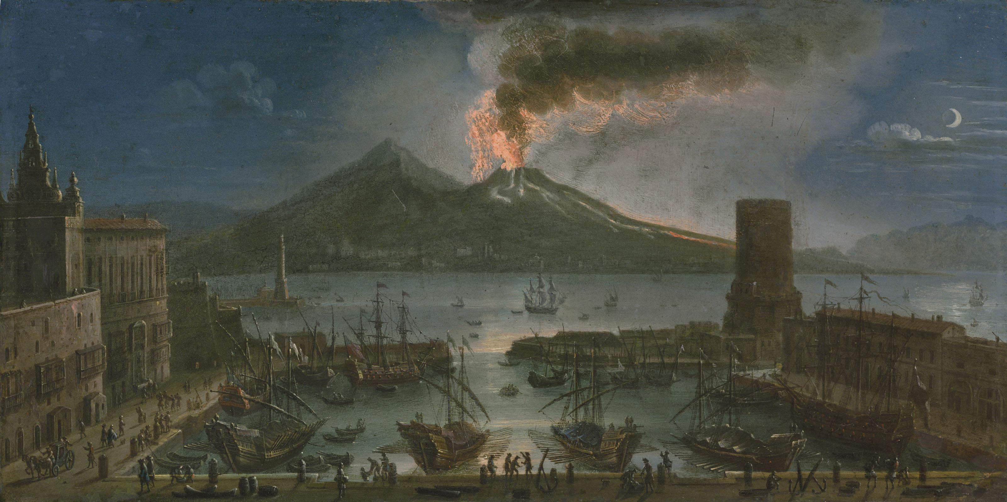Juan Ruiz - A Nocturnal View Of The Arsenal Of Naples, Mount Vesuvius Beyond