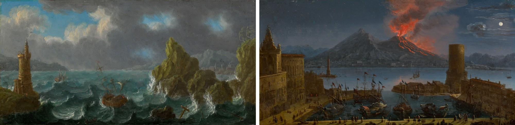 Juan Ruiz - A Rocky Shore With Choppy Waters; A Capriccio View Of Naples With Vesuvius Erupting