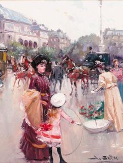 Juan Soler - A girl with a hoop in a busy Parisian avenue; and A girl with a hoop in a bustling Parisian square