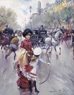 Juan Soler - Carriages on a Parisian street with a mother and child with a hoop; and Elegant women before a horse and carriage