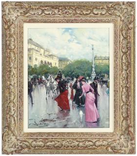 Juan Soler - Elegant figures after the rain, Paris; and An elegant lady with a parasol crossing a Parisian street