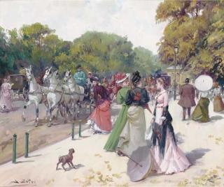 Juan Soler - Elegant figures and carriages on a bustling Parisian boulevard