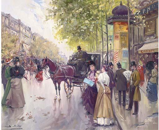 Juan Soler - Elegant Figures Before A Carriage, In A Parisian Street