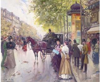 Juan Soler - Elegant Figures Before A Carriage, In A Parisian Street