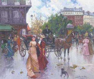 Juan Soler - Elegant figures before a carriage in a Parisienne square