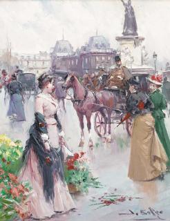 Juan Soler - Elegant ladies in a Parisian street; A flower seller in a Parisian street.