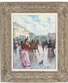 Juan Soler - Elegant ladies on a Parisian street; and A lady and her dog crossing a Parisian square (illustrated)
