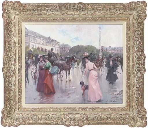 Juan Soler - Fashionable ladies crossing the square