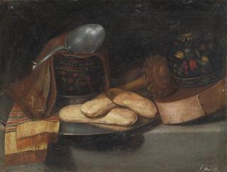 Juan Van Der Hamen Y León - A Chocolate Service With A Wooden Box Of Packed Chocolate, Two Lacquered Gourd Drinking Bowls, A Wooden Milk Whisk, Napkins, A Spoon And Pastries On A Pewter Plate