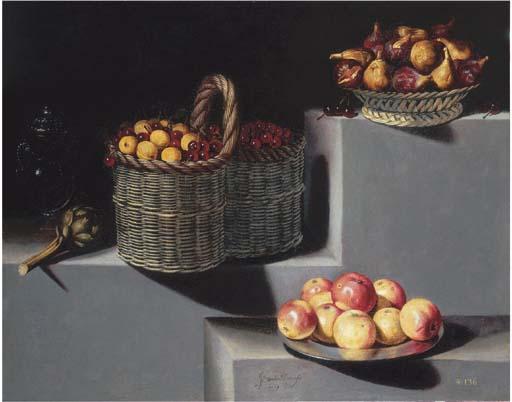 Juan van der Hamen y León - Bodegón Con Un Jarro de Cristal, Alcachofa, Un Cesto de Cerezas y Albaricoques, Un Cesto Con Higos y Un Plato de Plata Con Manzanas. Todo Sobre Repisa de Piedra En Tres Alturas