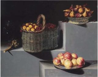 Juan van der Hamen y León - Bodegón Con Un Jarro de Cristal, Alcachofa, Un Cesto de Cerezas y Albaricoques, Un Cesto Con Higos y Un Plato de Plata Con Manzanas. Todo Sobre Repisa de Piedra En Tres Alturas