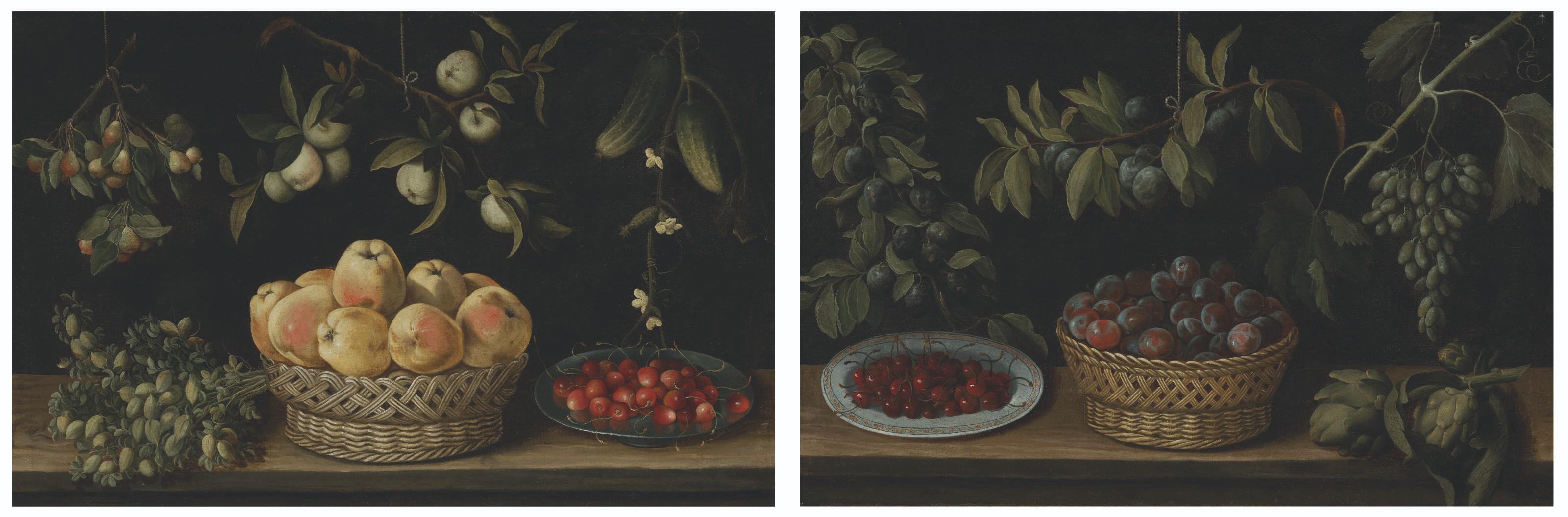Juan Van Der Hamen Y León - Plums in a basket and cherries in a dish with other fruit and vegetables on a table; and Apples in a basket and cherries in a dish with other fruit and vegetables on a table