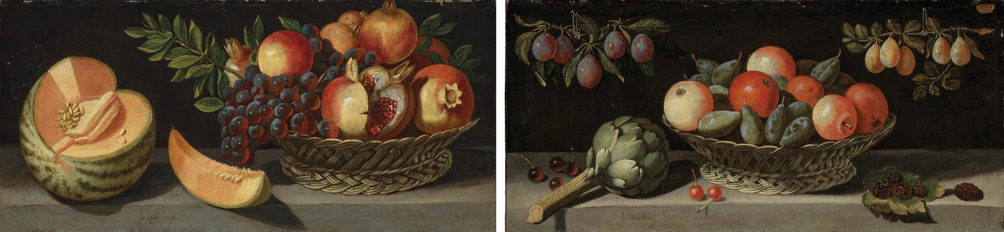 Juan van der Hamen y Leon - Pomegranates and grapes in a basket, with a melon on a stone ledge; and Apples and plums in a basket, with artichokes and cherries on a stone ledge