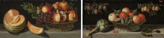 Juan van der Hamen y Leon - Pomegranates and grapes in a basket, with a melon on a stone ledge; and Apples and plums in a basket, with artichokes and cherries on a stone ledge
