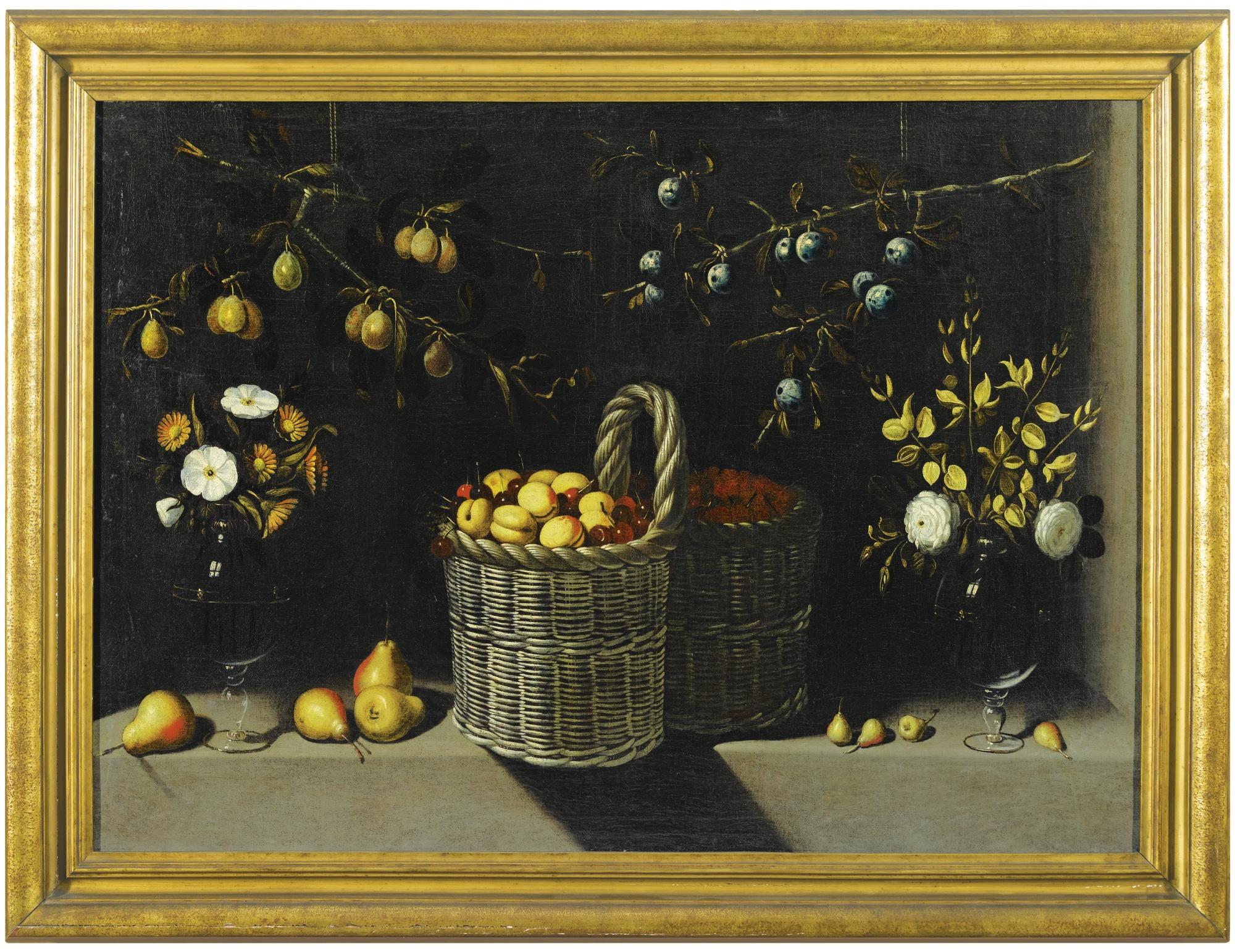 Juan Van Der Hamen Y León - Still Life With A Basket Of Apricots And Cherries, Vases Of Flowers, And Hanging Branches Of Mirabelle And Sloe Plums