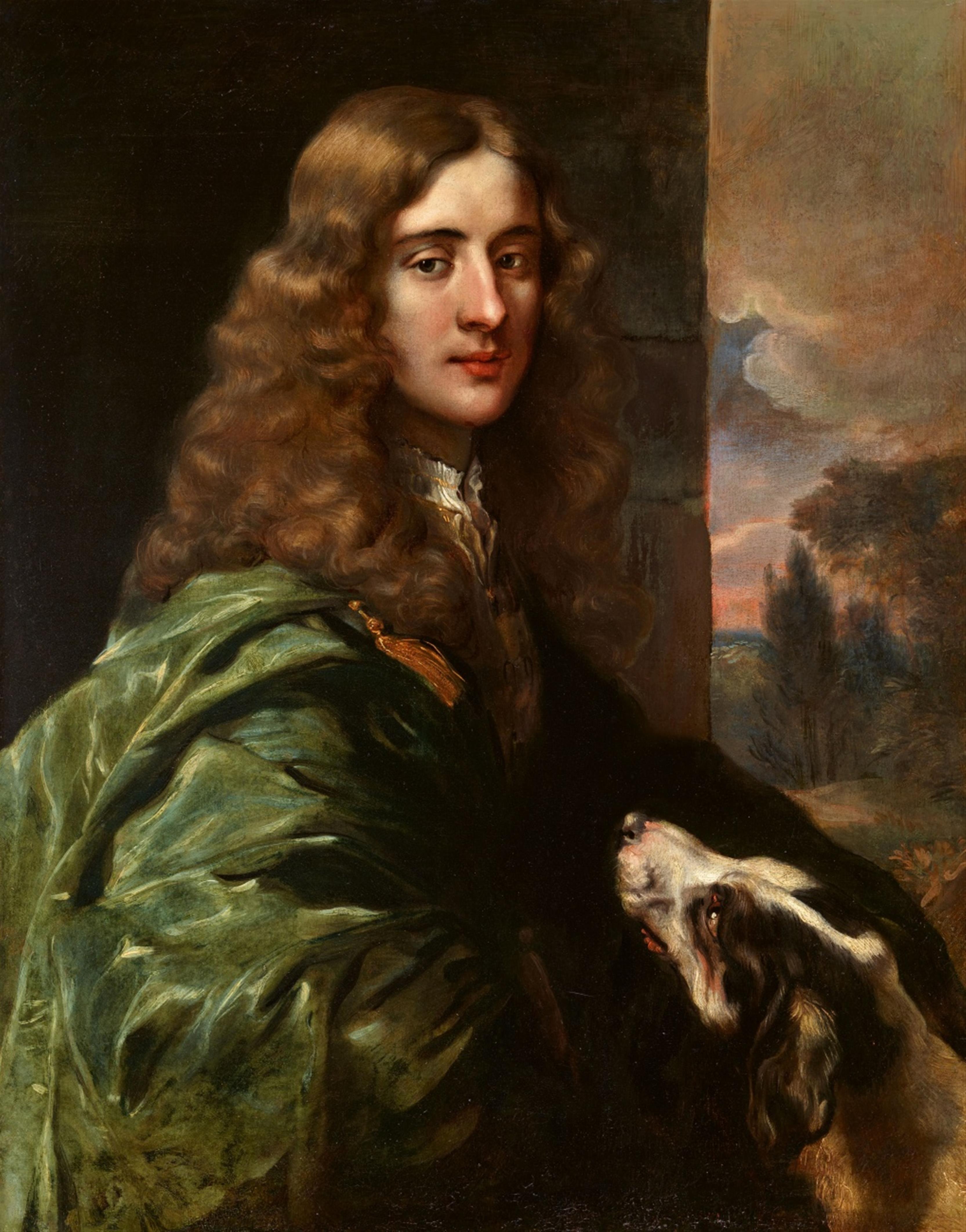 Jürgen Ovens - Portrait eines jungen Herrn in grünem Gewand mit einem Hund