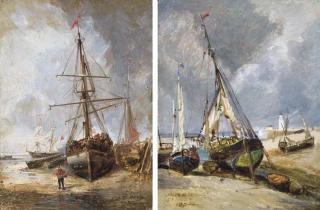 Jules-Achille Noel - Bateaux Échoués À Marée Basse Devant Le Phare du Tréport; Goëlette Échouée À Marée Basse