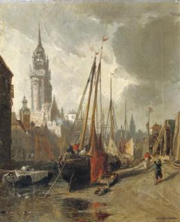 Jules Achille Noël - Boats moored in a harbour, Normandy