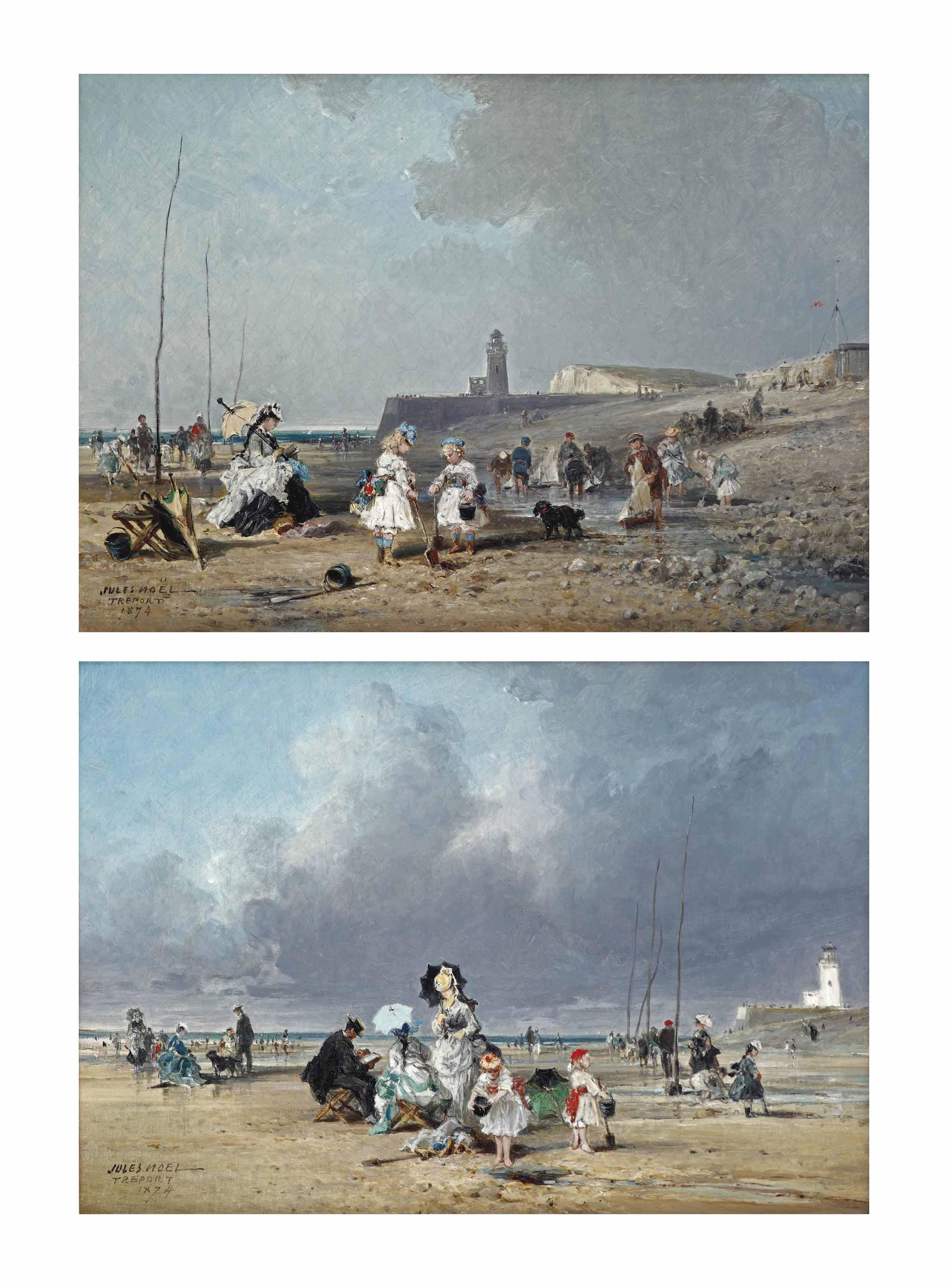 Jules Achille Noël - Children Playing On The Beach, Treport; And Families Enjoying A Day At The Beach, Treport