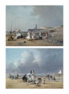 Jules Achille Noël - Children Playing On The Beach, Treport; And Families Enjoying A Day At The Beach, Treport