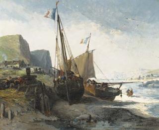 Jules Achille Noël - Dutch Fishing Boats moored on the Shore