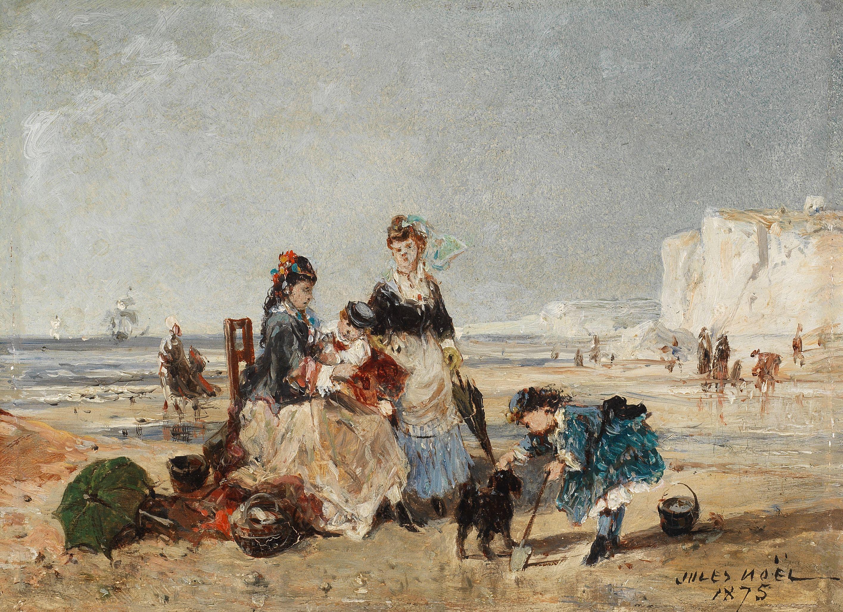 Jules Achille Noel - Elegant figures on the beach, Tréport