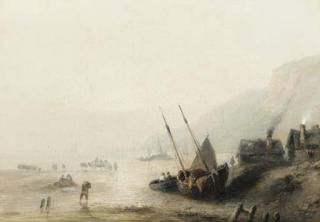 Jules Achille Noël - Figures gathering seaweed and a moored Sailboat on a Rocky Coastline