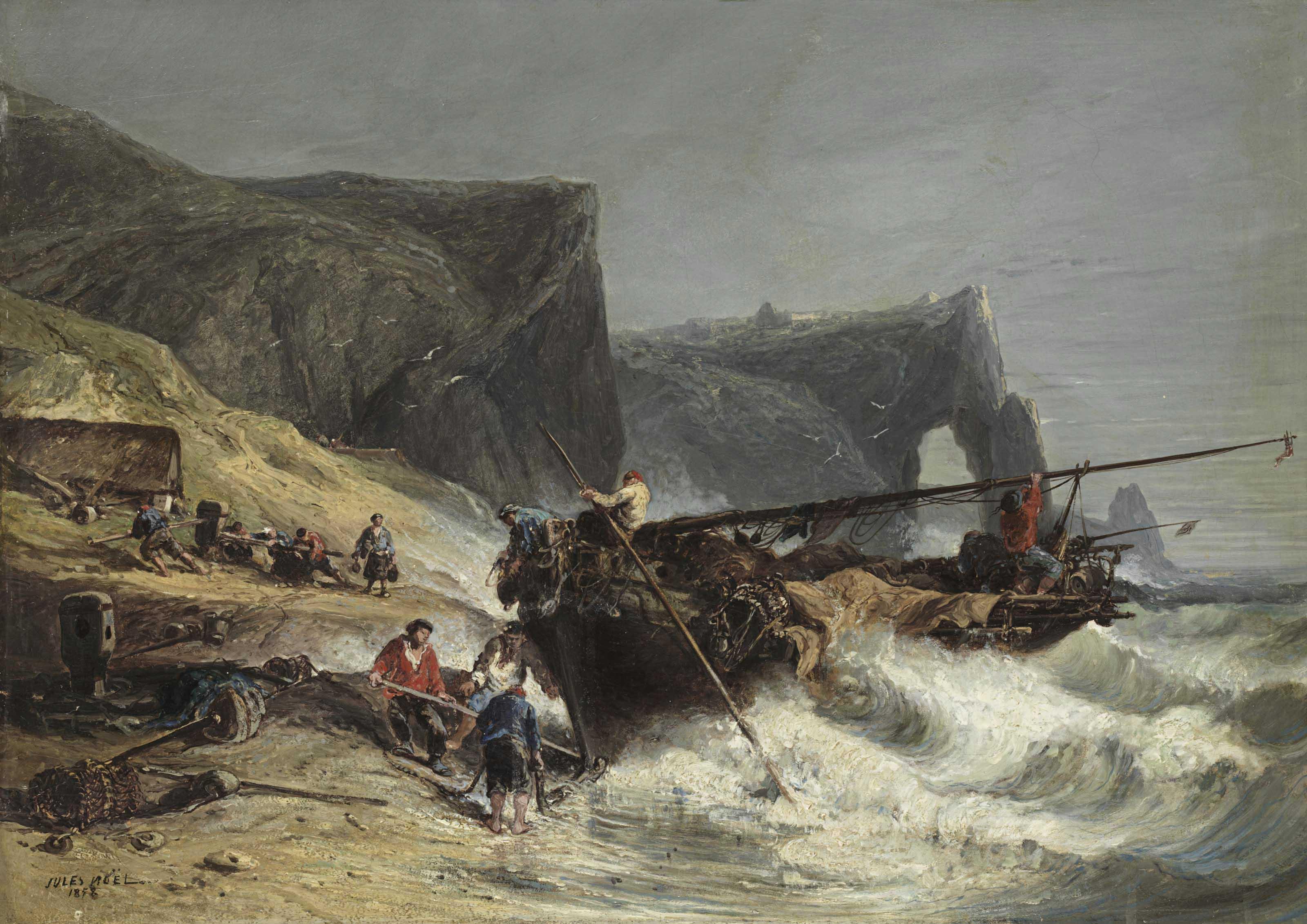 Jules Achille Noël - Fishermen Bringing In A Boat
