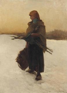 Jules Adolphe Aime Louis Breton - Ramasseuse de fagots et son enfant dans la neige