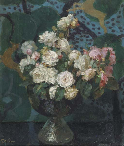 Jules-Alexandre Grün - A Still Life With White And Pink Roses In A Glass Vase
