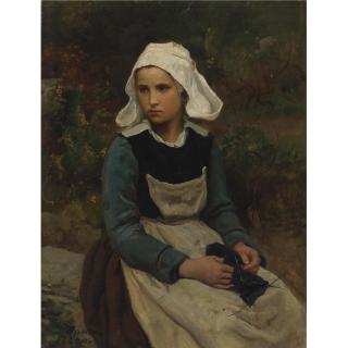 Jules Breton - French Young Brittany Girl Knitting