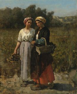 Jules Breton - Frenchtwo Young Women Picking Grapes (Study For The Vintage At Château Lagrange)