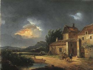 Jules César Denis van Loo - Paesaggio tempestoso con viandanti presso una fattoria