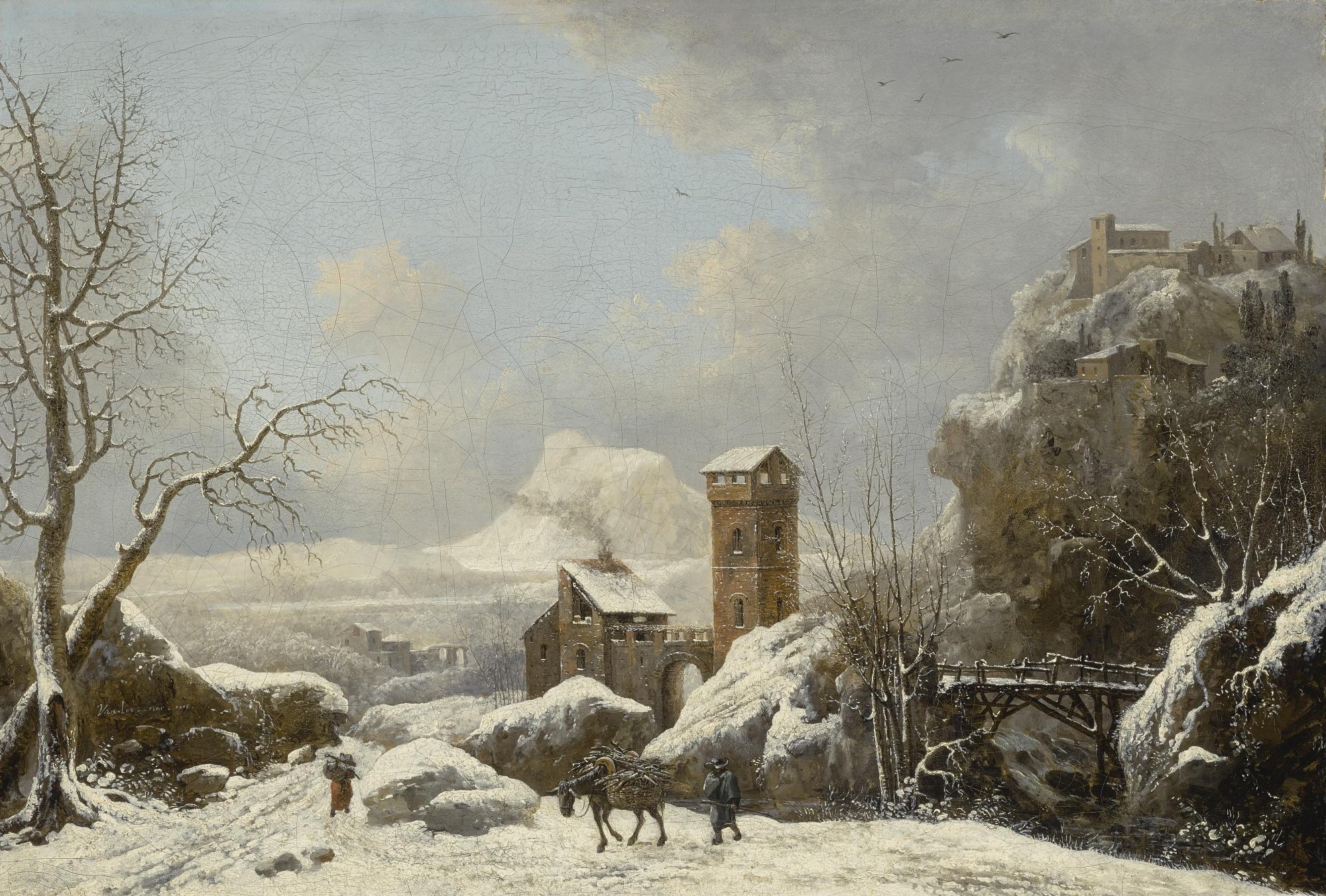 Jules César Denis Van Loo - Snowy Landscape With Figures And A Packhorse In The Foreground