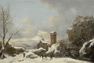 Jules César Denis Van Loo - Snowy Landscape With Figures And A Packhorse In The Foreground
