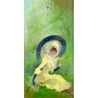 Jules Chéret - Jeune Fille À L\'Ombrelle Japonaise. Au Dos, Étude De Château En Ruines