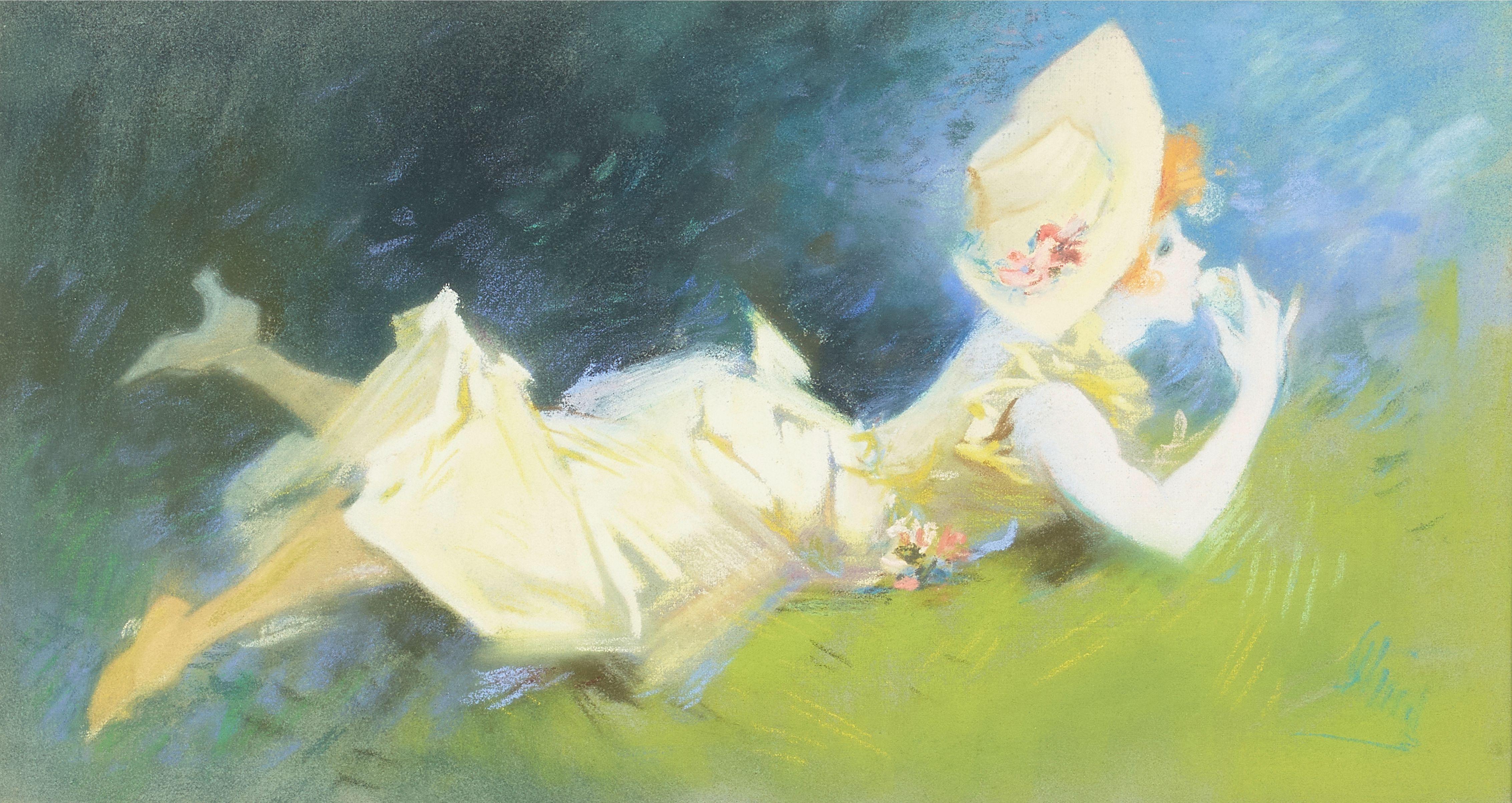 Jules Cheret - La source, femme en jaune, etendue