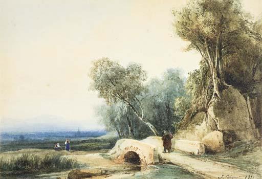 Jules Coignet - Homme Traversant Un Pont Dans Un Paysage Arboré, Deux Femmes À L\'Arrière-Plan; Et Homme Et Femme Sur Un Chemin, Un Village À L\'Arrière-Plan