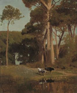 Jules Didier - Longhorn cattle watering on the Campagna