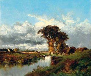 Jules Dupré - River landscape with cottages