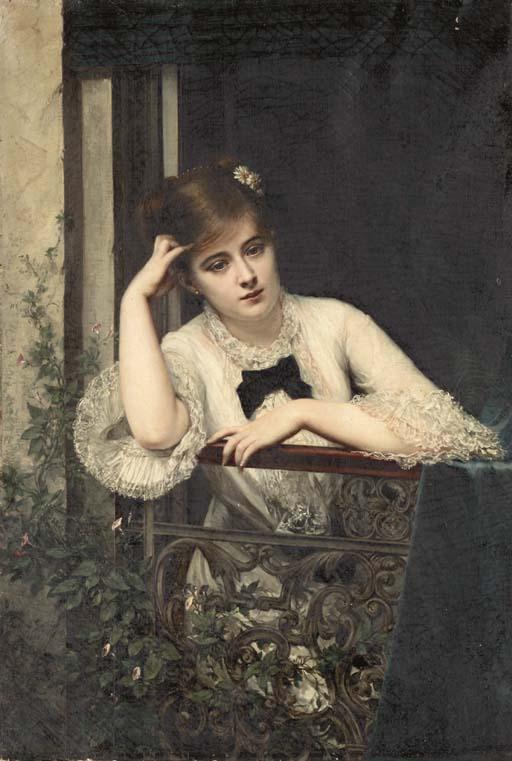Jules Emile Saintin - Jeune Fille Pensive sur un Balcon