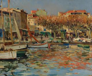 Jules Eugene Pages - Boats in a Harbor